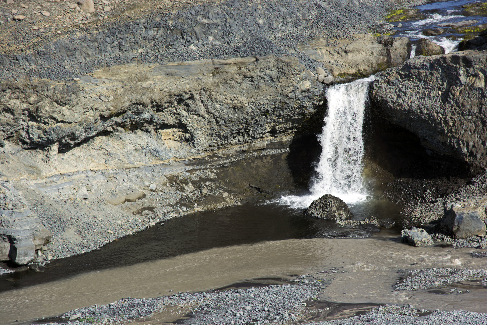 Водопад с чистой озерной водой падает в реку с мутной ледниковой водой