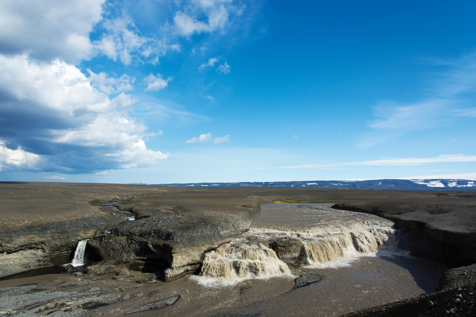 Водопад с ледниковой водой. Слева вподает водопадик с чистой водой из озера